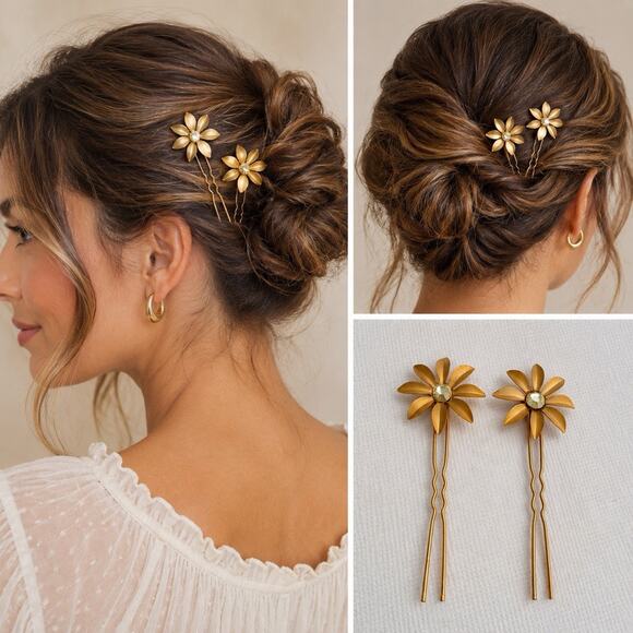 Colette Malouf Accessories - Colette Malouf Gold Tone Daisy Flower Hair Pins Pair Crystal Center Wedding Set